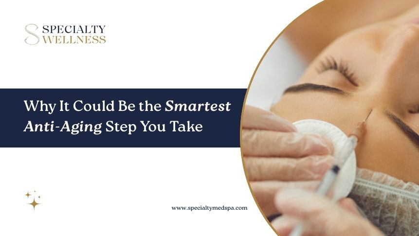 Preventive Botox Specialty Wellness promotional banner showing a close-up of a woman receiving a facial injection treatment, with the headline ‘Why It Could Be the Smartest Anti-Aging Step You Take’ and the Specialty Wellness logo