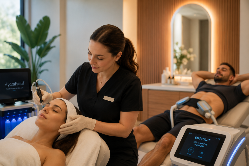 HydraFacial facial rejuvenation and EMSCULPT NEO body contouring treatments performed at Specialty Wellness for healthy, confident skin and body.