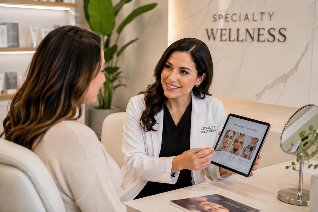 Patient receiving a personalized skin rejuvenation consultation at Specialty Wellness Med Spa in The Colony, Texas